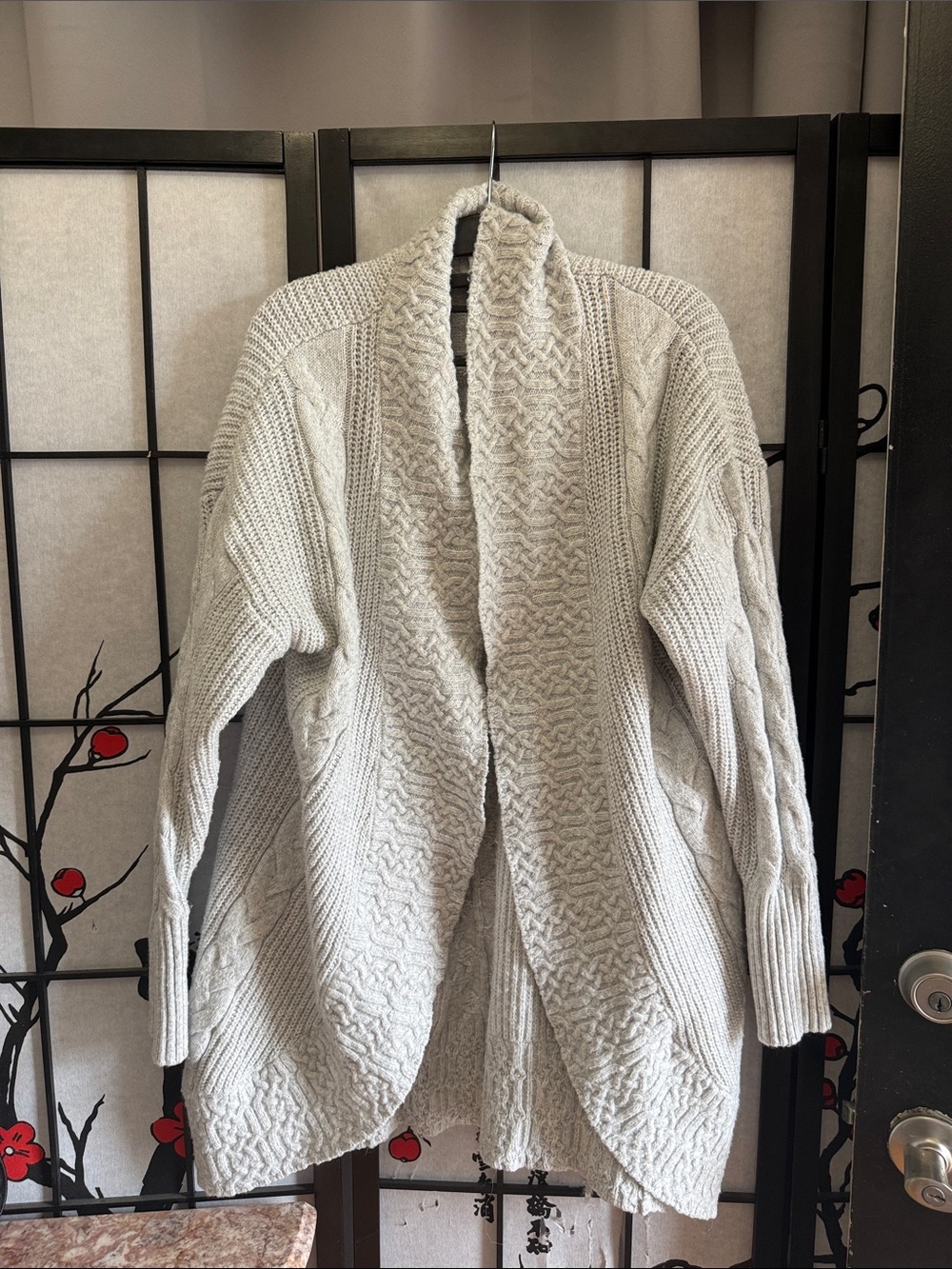 “ Pink Rose”Light Gray Open-Front Cable Knit Long Cardigan